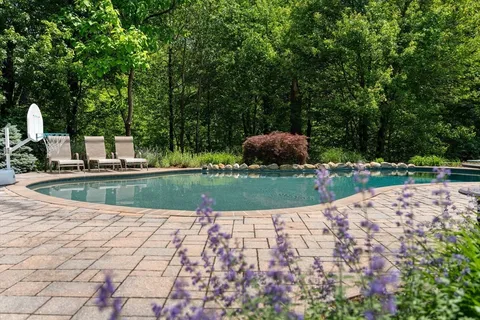 a view of swimming pool with a garden and trees
