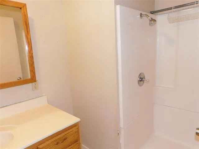 a bathroom with a shower and a sink