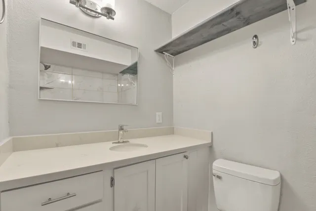 a bathroom with a sink a toilet and a mirror