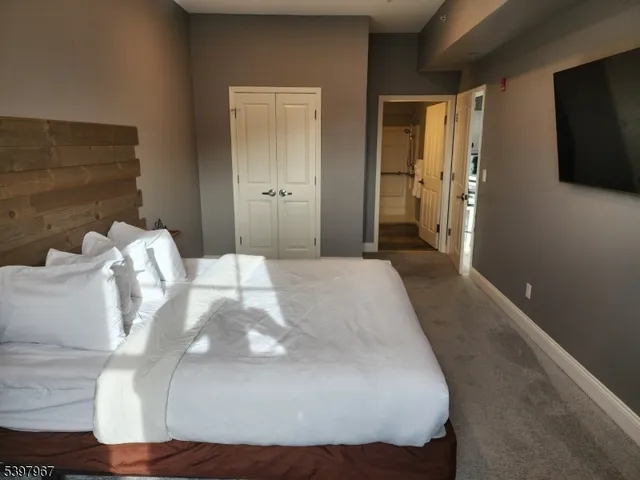 a bed sitting in a bedroom and closet