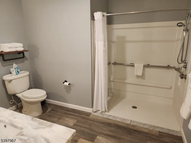a bathroom with a toilet and a shower