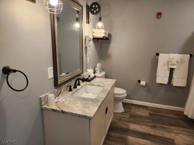 a bathroom with a granite countertop sink a toilet and mirror
