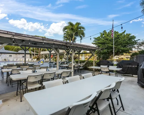 a view of a swimming pool with outdoor seating