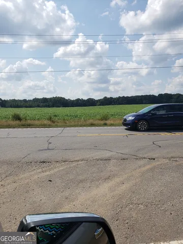 a view of a lake with beach and large trees