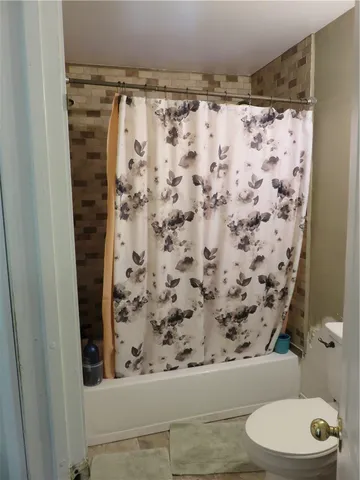 a bathroom with a shower and a toilet