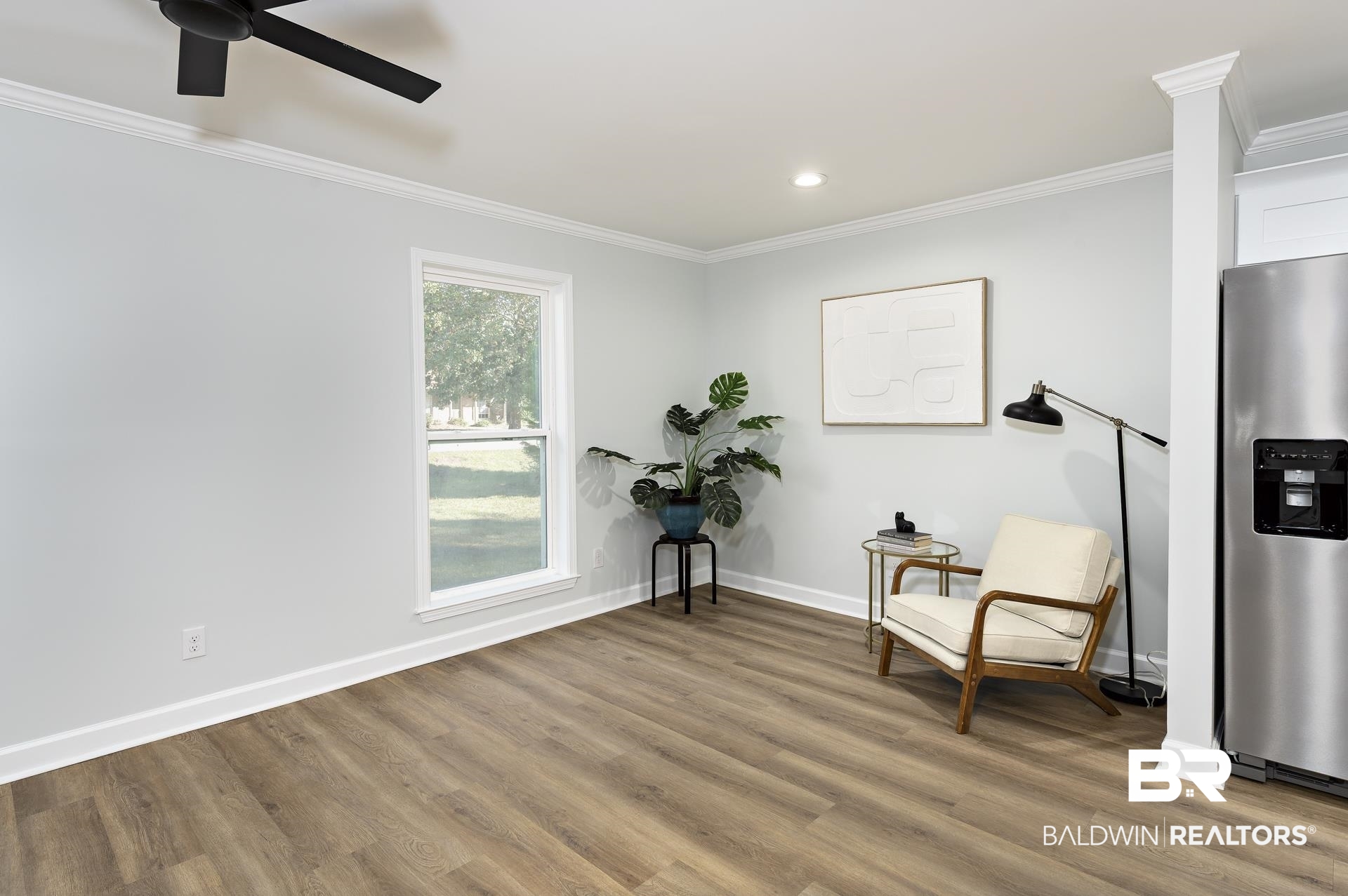 6001 Camp Halls Mill Road Mobile, AL 36619 - Photo 6 of 52 Sitting room with crown molding, light wood finished floors, recessed lighting, and a ceiling fan
