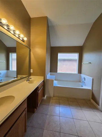 a bathroom with a tub sink and a mirror