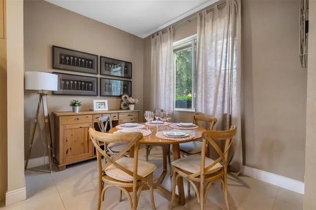 a view of a dining room with furniture and a window