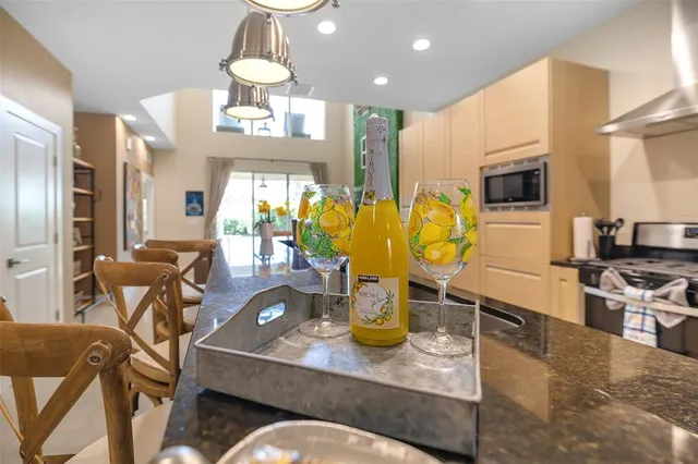 a view of a dining room with furniture