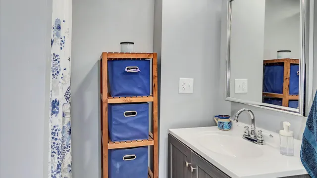 a bathroom with a sink and a mirror