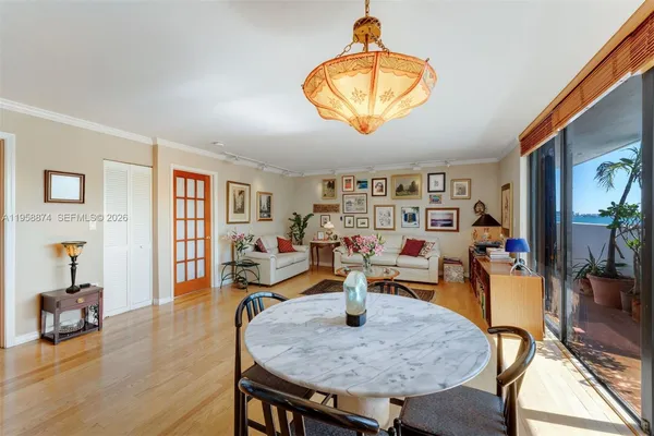 a view of a dining room with furniture