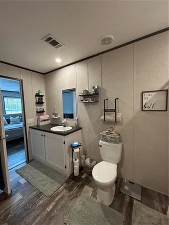 a bathroom with a toilet sink and mirror