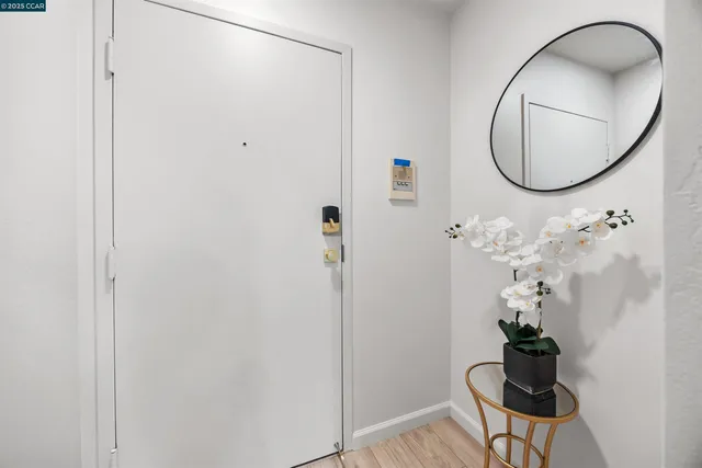 a room with a mirror and a potted plant