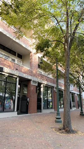 a front view of a building with glass windows and a tree