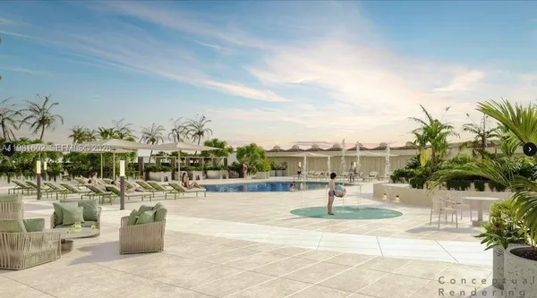 a swimming pool with outdoor seating and plants