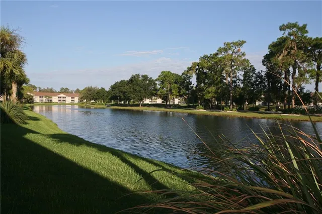 a view of a lake with houses in the back