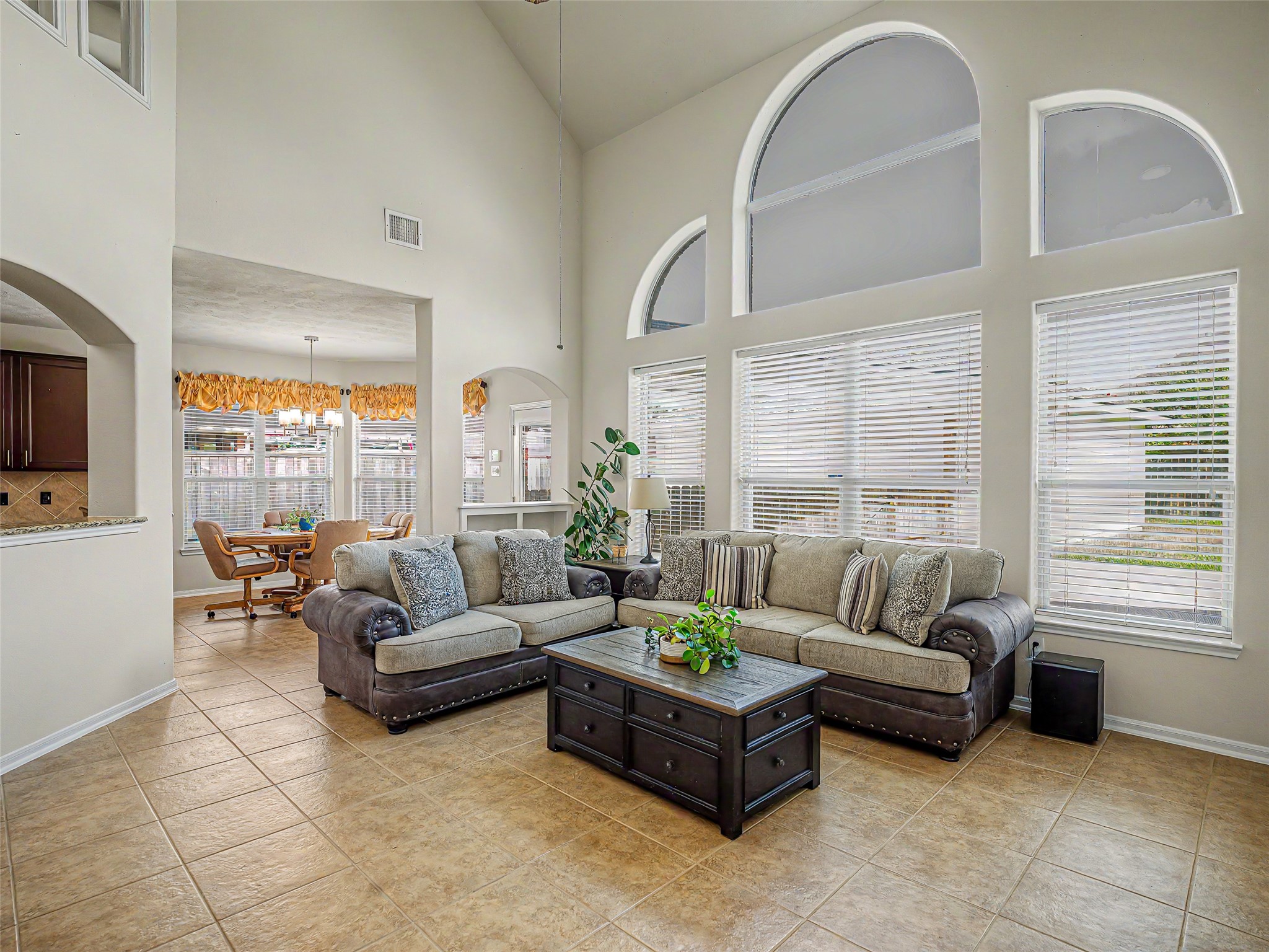 2210 Fox Path Katy, TX 77494 - Photo 14 of 47 The massive, two-story wall of windows takes center stage here, beautifully framing the clear blue sky and offering peaceful views of the backyard. The soaring cathedral ceiling amplifies the room's open, breezy feel.