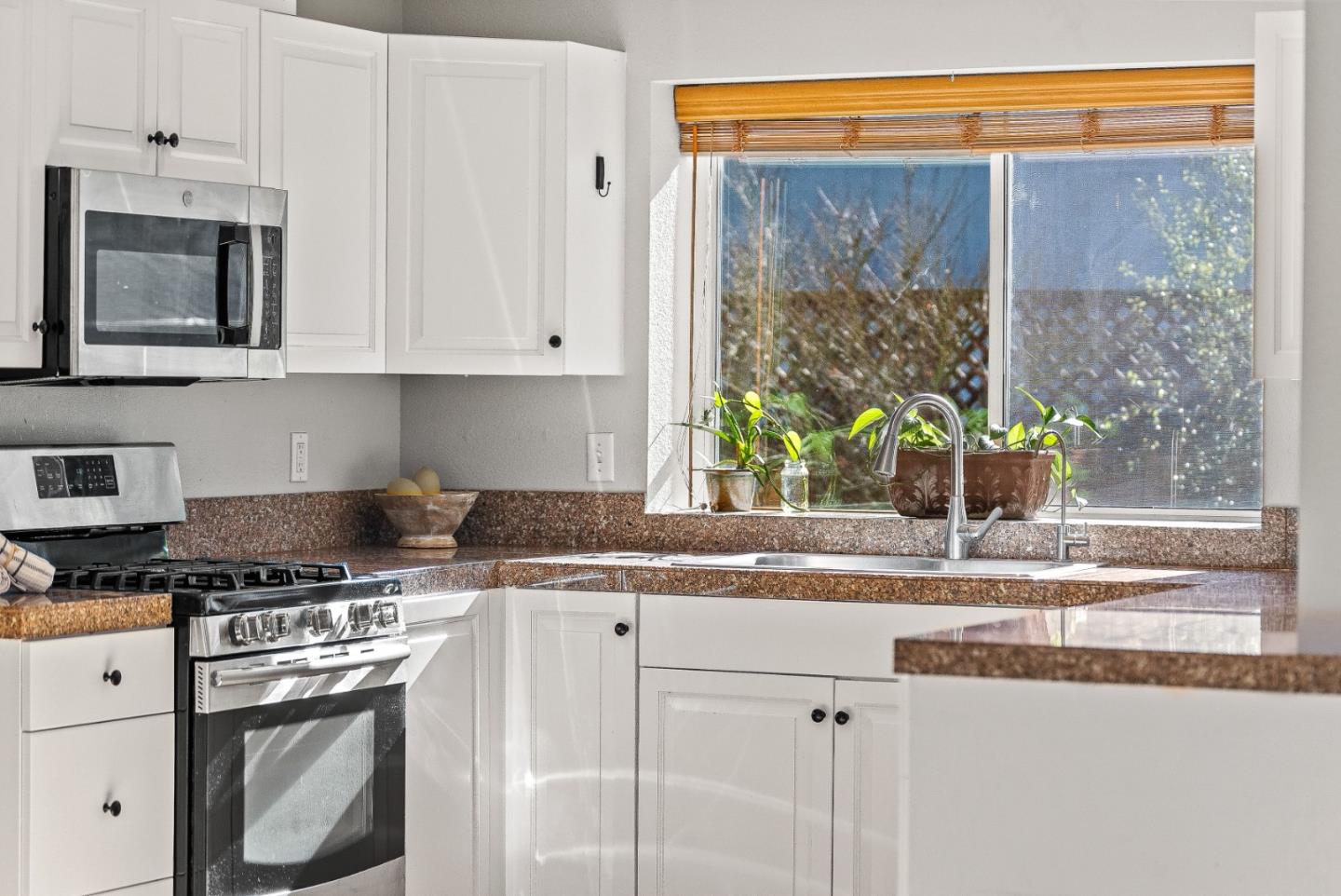 3200 Axford Road Santa Cruz, CA 95062 - Photo 19 of 45 a kitchen with stainless steel appliances granite countertop a stove a sink and a microwave