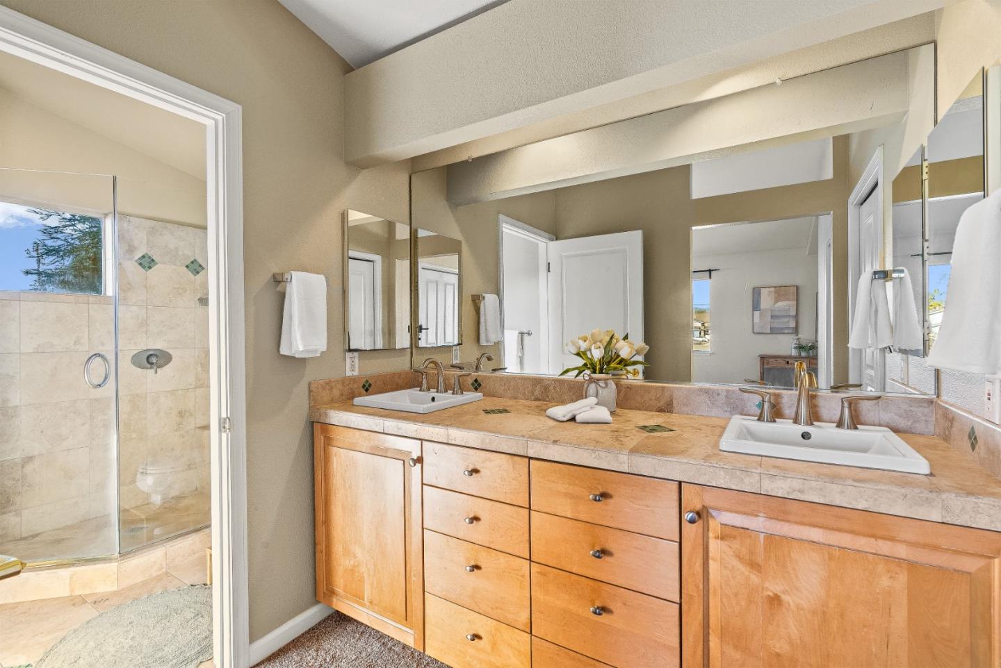 3200 Axford Road Santa Cruz, CA 95062 - Photo 32 of 45 a bathroom with a granite countertop sink mirror and double
