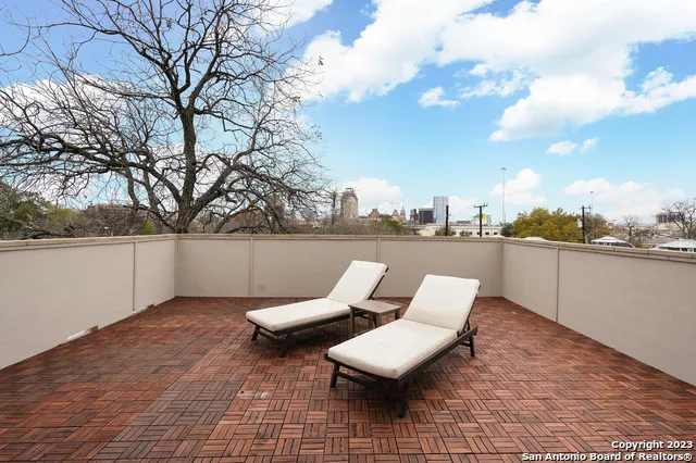 a roof deck with table and chairs and potted plants