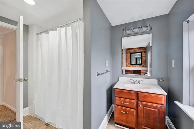 a bathroom with a sink a mirror and a shower