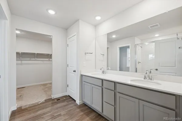 a bathroom with a double vanity sink mirror and shower