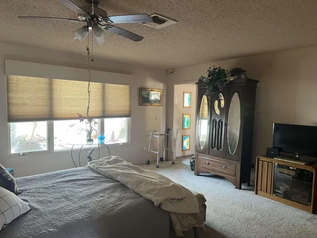 a bedroom with a bed a window and a flat screen tv