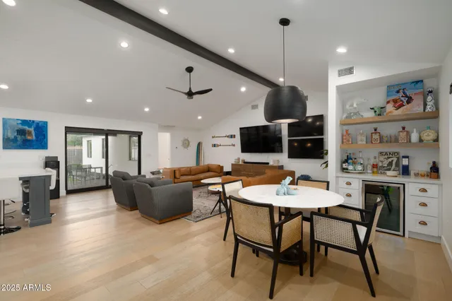 a view of a dining room with furniture