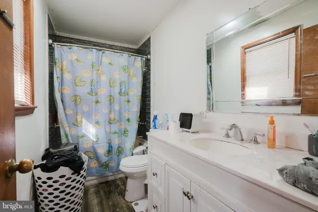 a bathroom with a sink a toilet a mirror and shower curtain