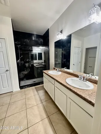 a large bathroom with a sink a large mirror and a shower