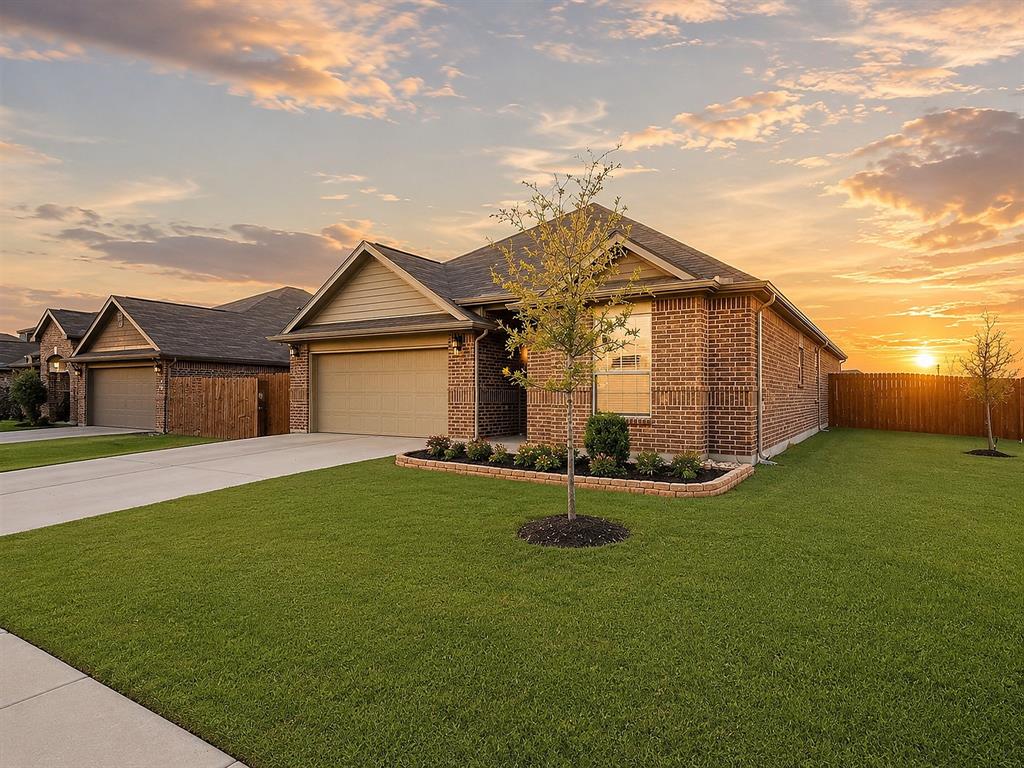 1837 Rialto Lane Crowley, TX 76036 - Photo 1 of 24 Brick exterior with tan siding gables, an attached two-car garage, and a concrete driveway
