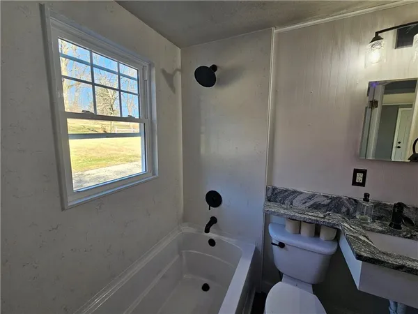 a bathroom with a granite countertop toilet sink and mirror