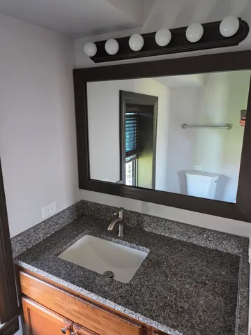 a bathroom with a sink and a mirror