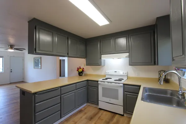 a kitchen with a sink cabinets and stainless steel appliances
