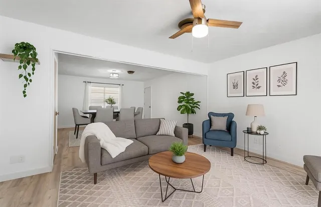 a living room with furniture and a potted plant
