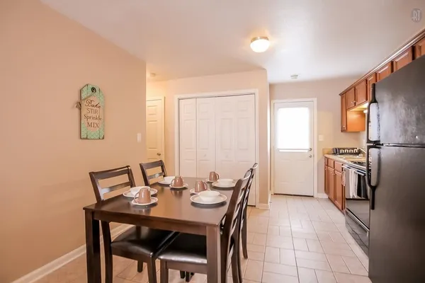 a view of a dining room with furniture