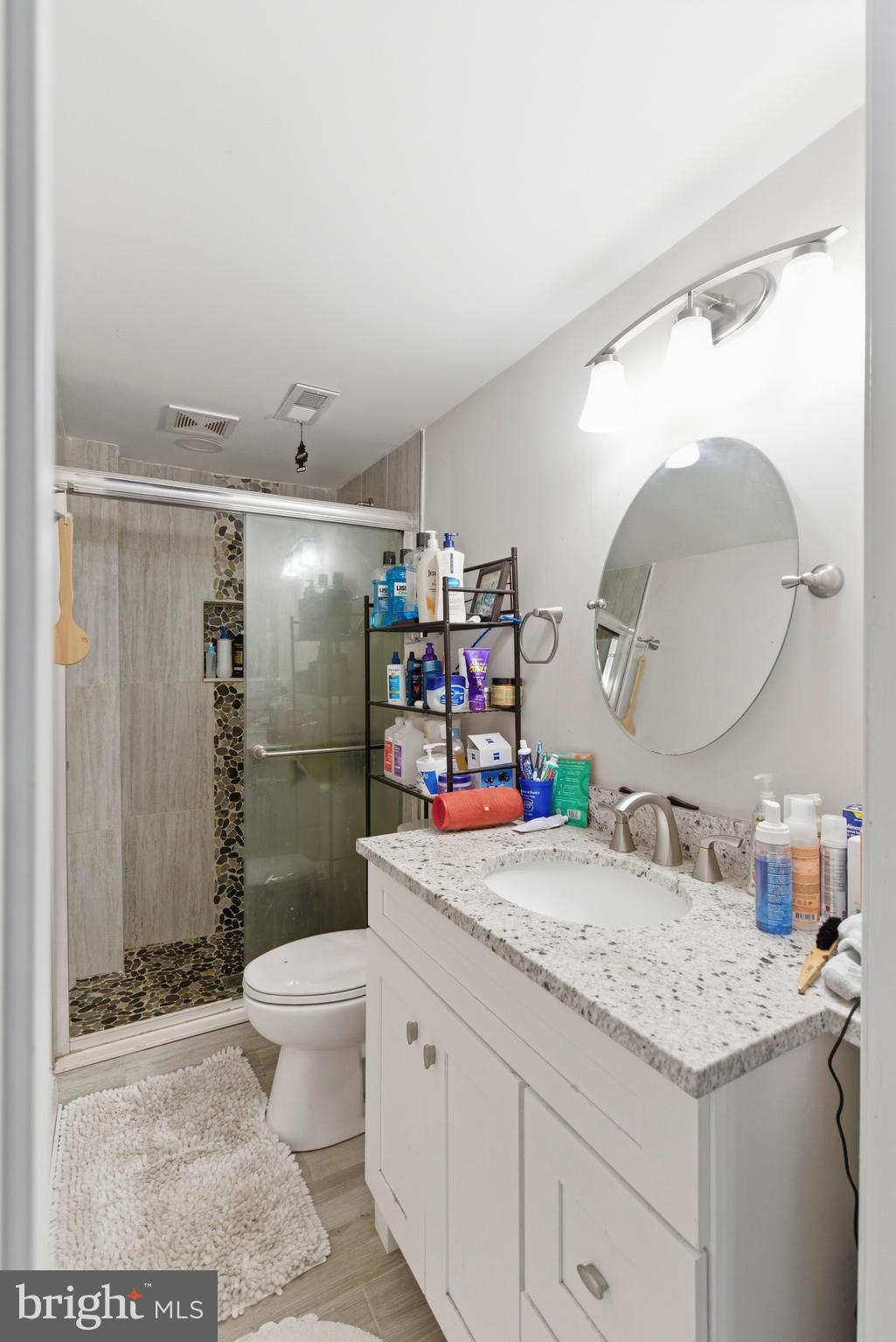912 Shelley Road Towson, MD 21286 - Photo 21 of 27 a bathroom with a granite countertop sink a toilet and a shower