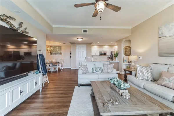 a view of a dining room with furniture
