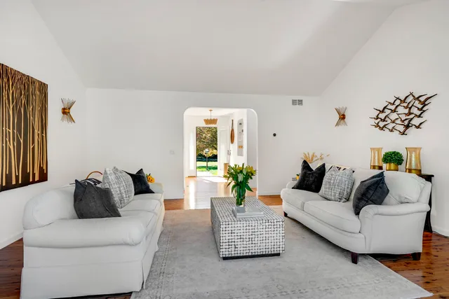 a living room with furniture and a potted plant