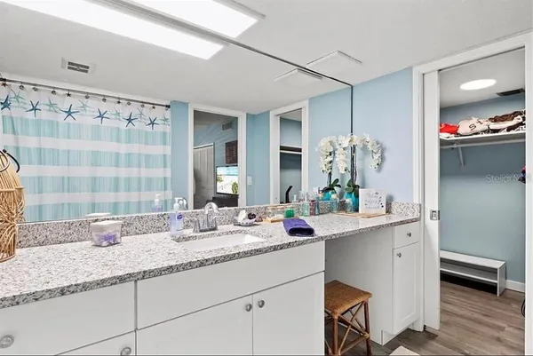 a bathroom with a granite countertop sink and a mirror