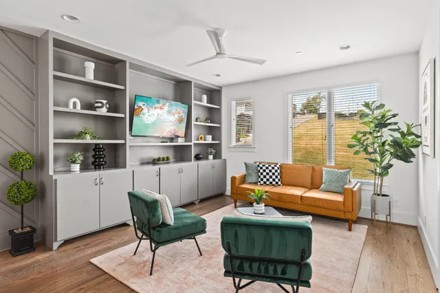 a living room with furniture and a potted plant