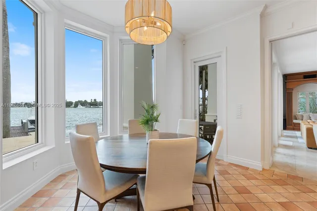 a dining table with chairs and potted plant