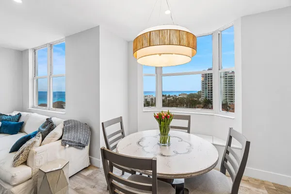 a view of a dining room with furniture window and outside view