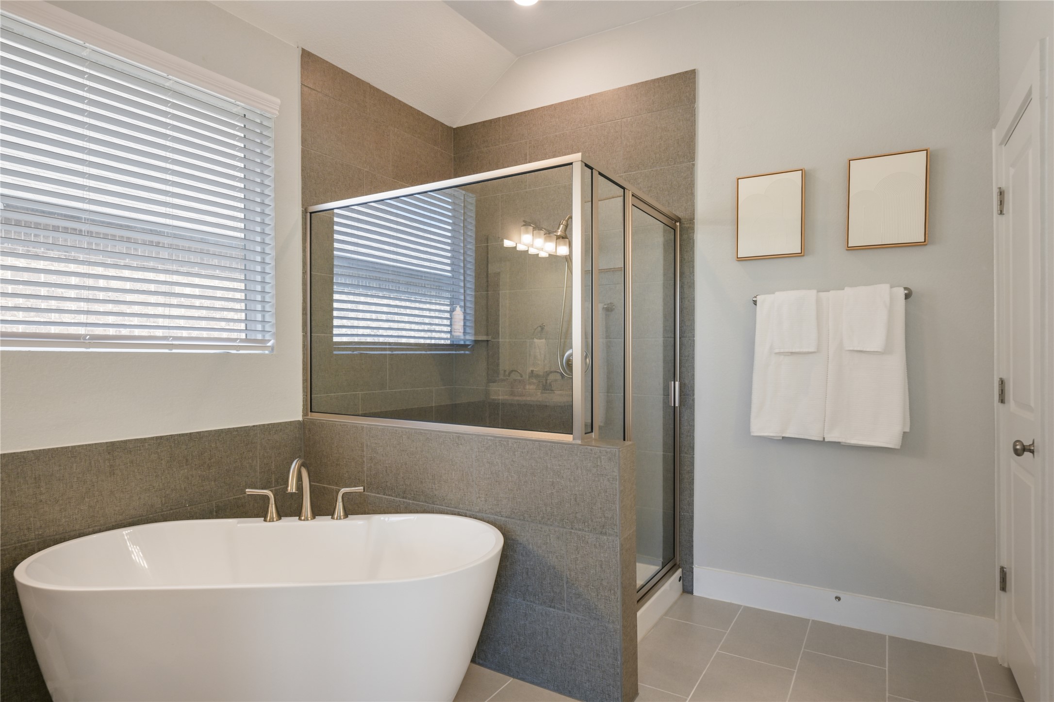 238 Wild Pecan Loop Buda, TX 78610 - Photo 18 of 31 A deep soaking tub sits adjacent to a modern glass-enclosed shower wrapped in grey tile.