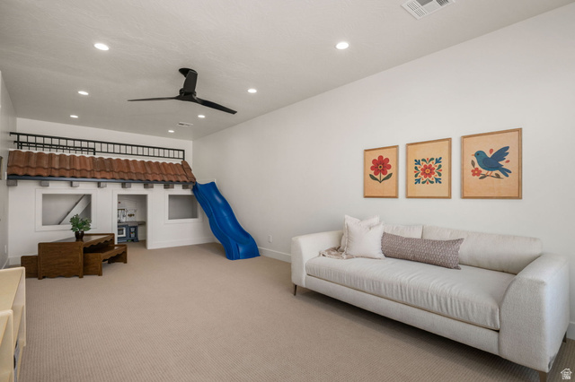 4871 South Homestead Way Washington, UT 84780 - Photo 90 of 151 Living room with a ceiling fan, carpet flooring, and recessed lighting