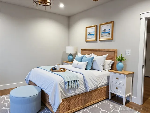 a bedroom with a bed and a painting on the wall