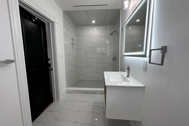 a bathroom with a sink a shower and a mirror