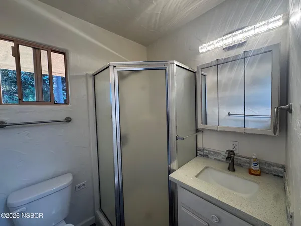 a bathroom with a sink a toilet and shower