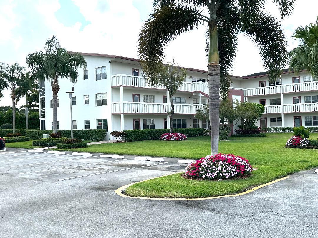 a front view of a white house with a yard and palm trees