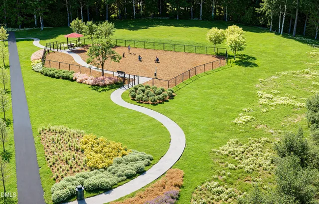 a garden view with a seating space